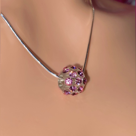 Pink Acrylic pendant necklace with sterling silver chain, genuine crystals - Picture 7 of 9